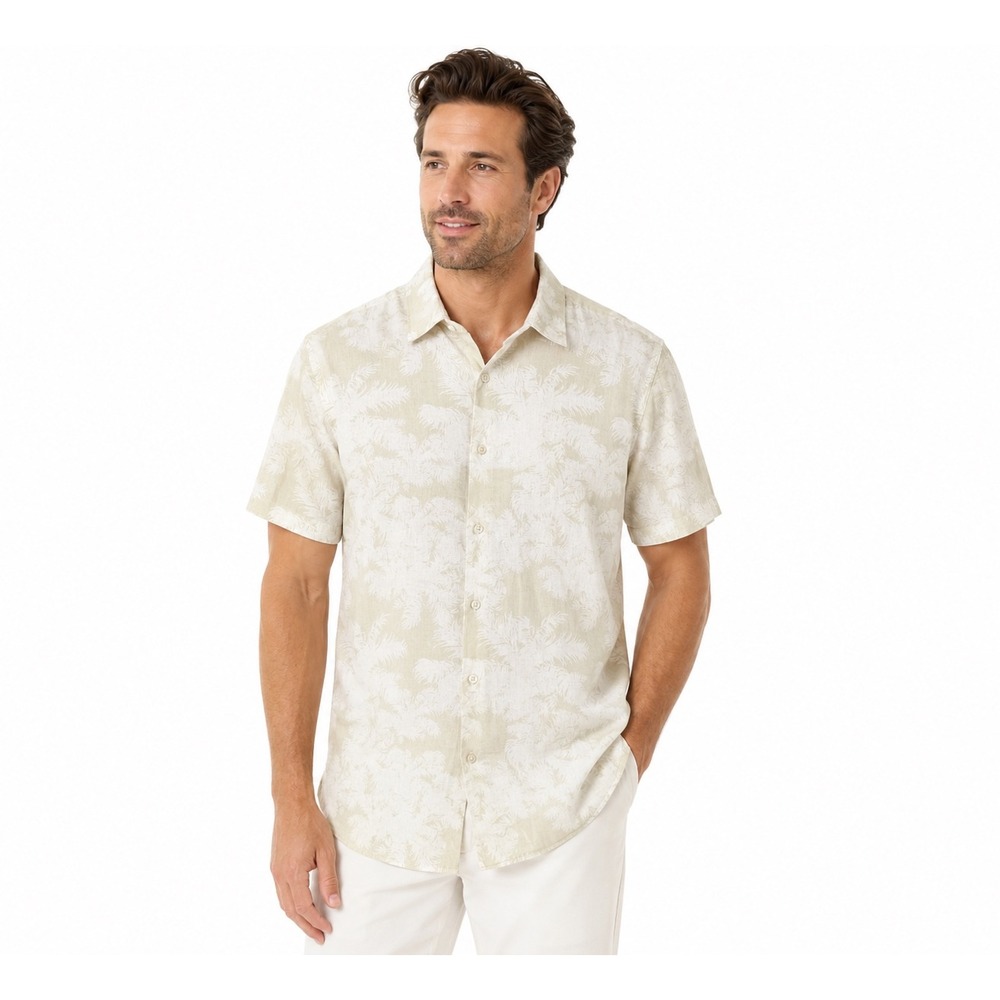Perry Ellis Mens Linen Blend Palm Print Short Sleeve Button Down Shirt Large NWT